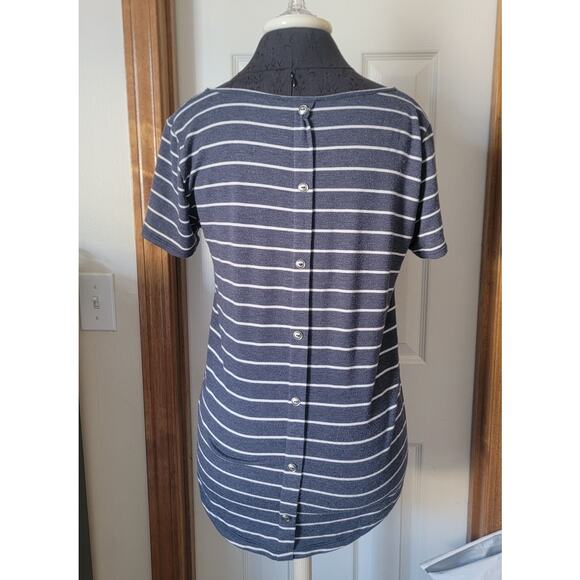 Pink Clover Women's Navy Blue and White Striped Long T-Shirt - Size Small - Picture 2 of 5